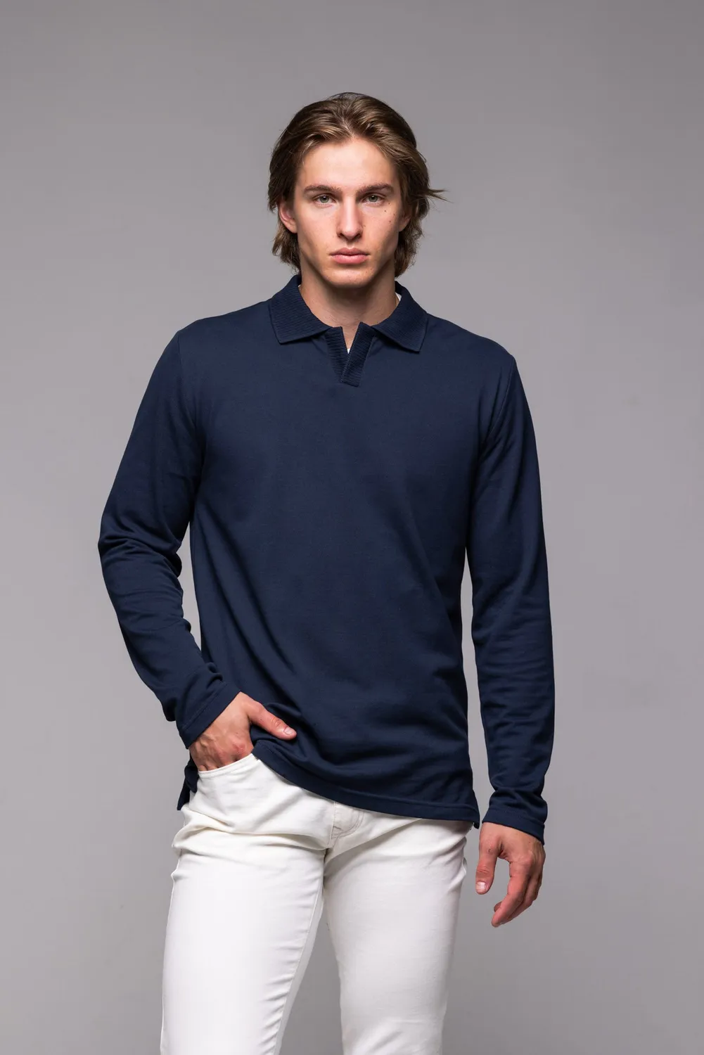 Alain Delon polo manica lunga blu piqué cotone