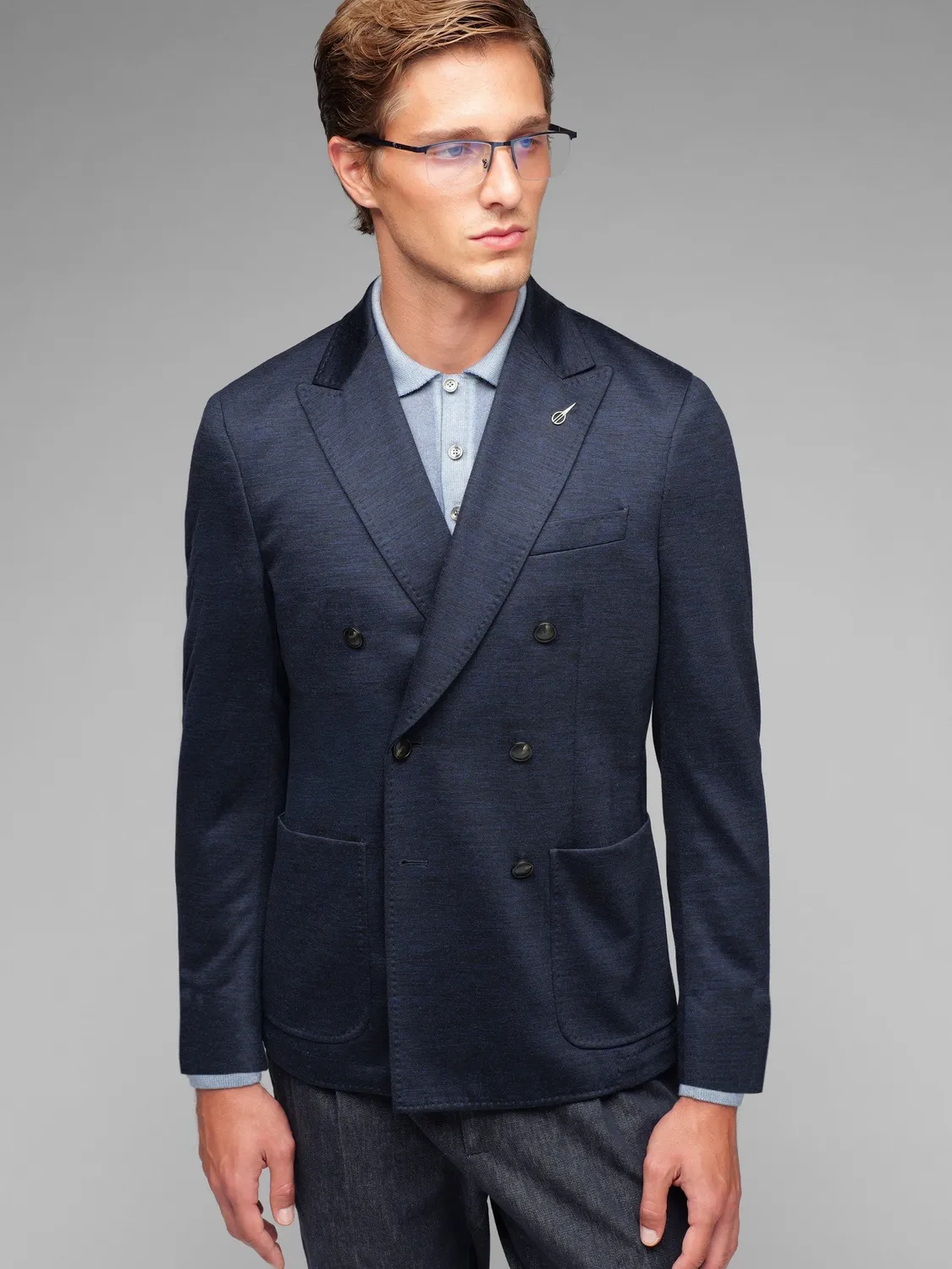 Paoloni Giacca Doppiopetto Jersey Lana Uomo Blu