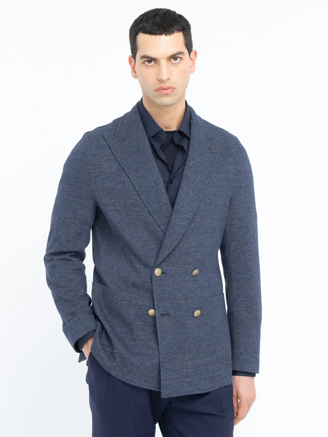 Paoloni Giacca maglia doppiopetto cotone melange blu
