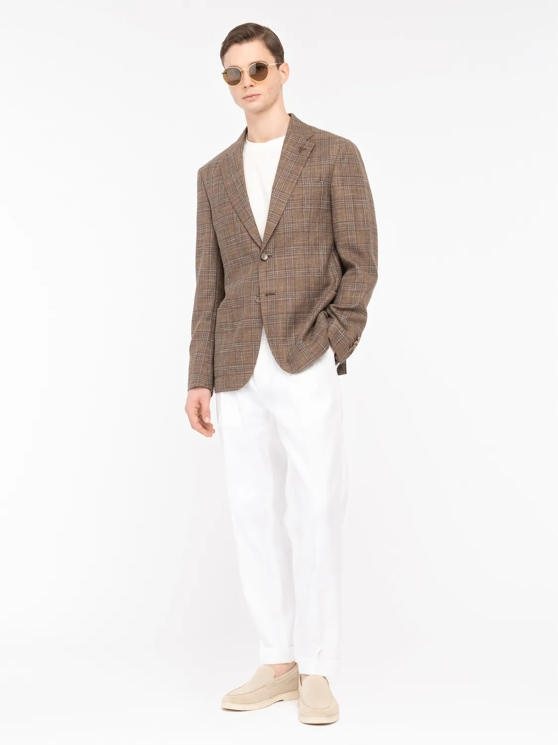 Paoloni Giacca macro check lana cotone marrone