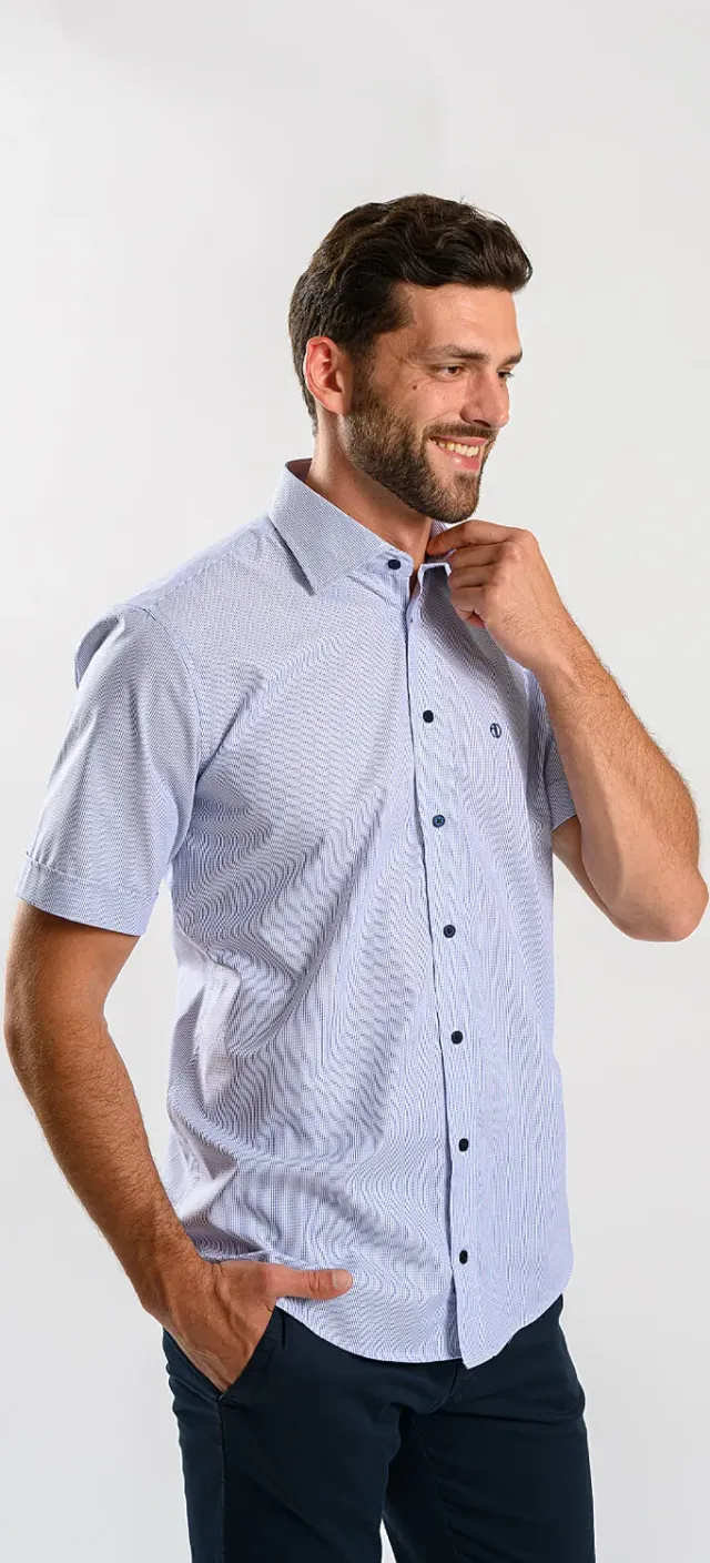 Alain Delon Slim Fit camicia manica corta azzurra 41 a righe