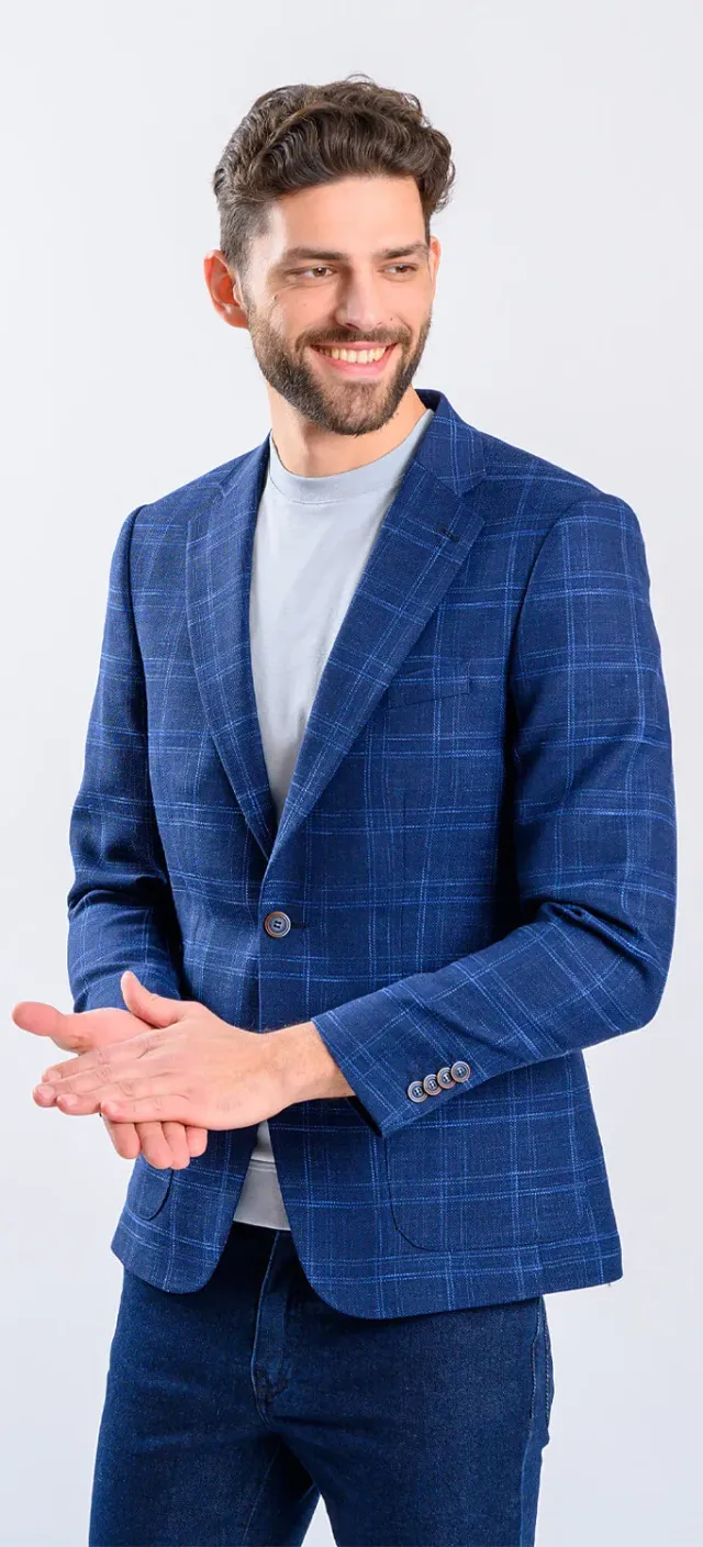 Alain Delon giacca blu a quadri blazer slim fit misto lana