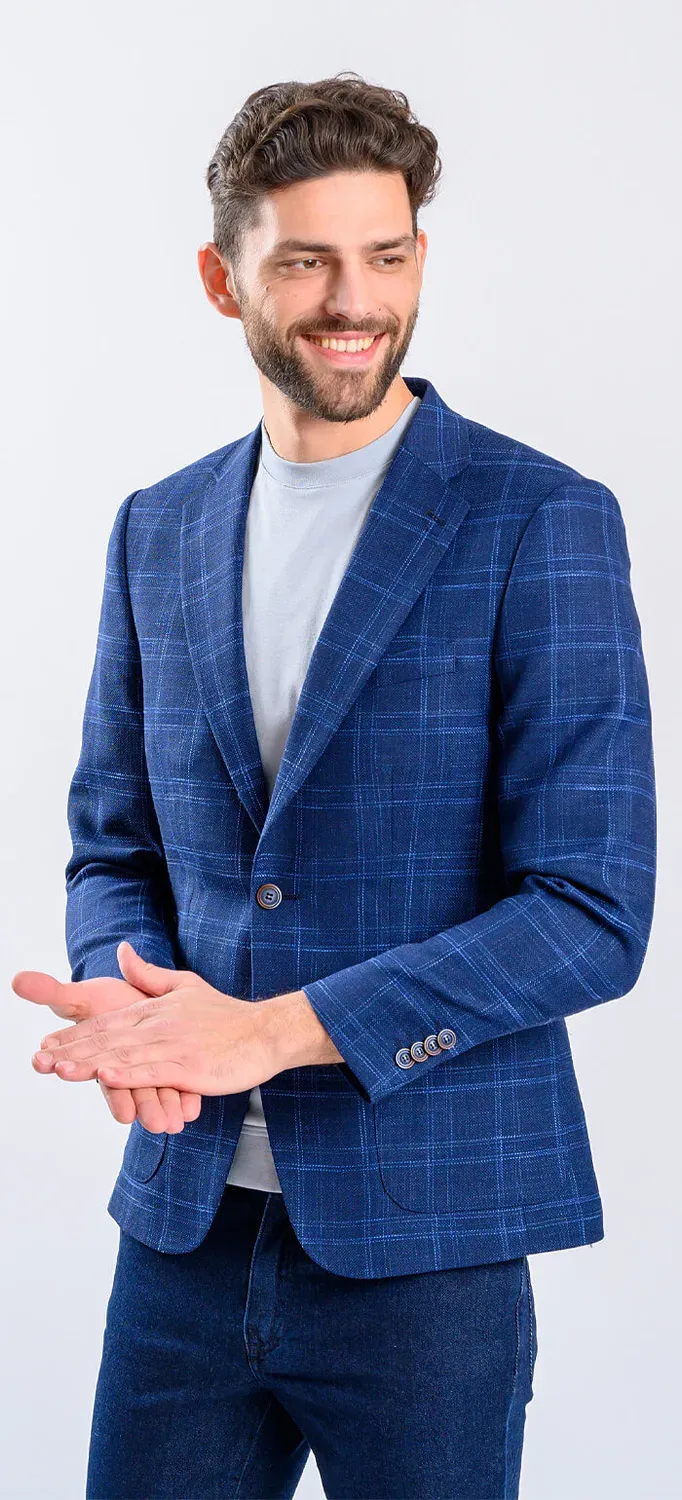 Alain Delon giacca blu a quadri blazer slim fit misto lana
