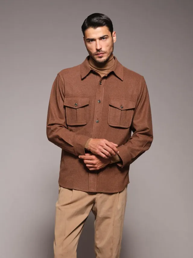 Caruso overshirt lana 180's marrone tabacco