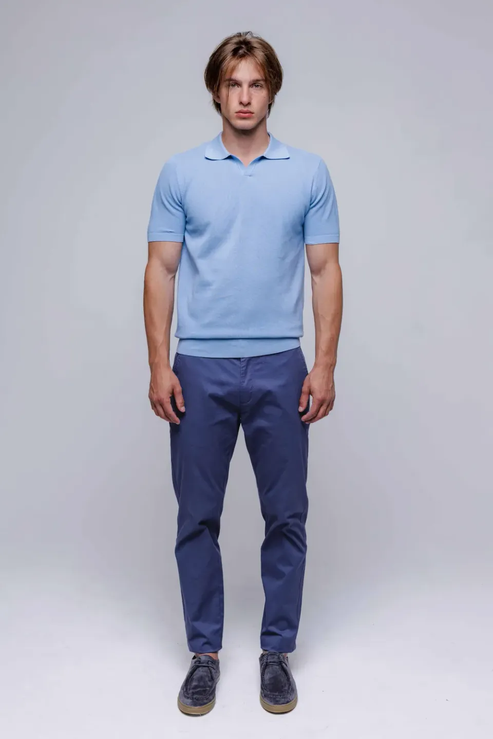 Alain Delon polo maglia azzurra cotone senza bottoni