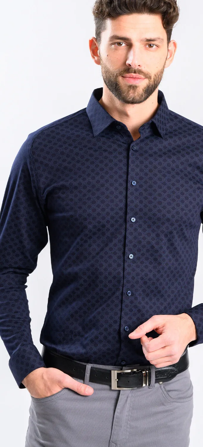 Alain Delon camicia extra slim fit blu navy fantasia jersey stretch