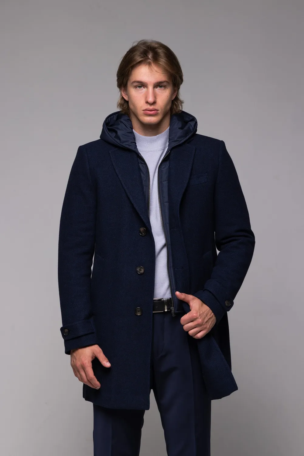 Alain Delon cappotto lana blu slim fit con cappuccio