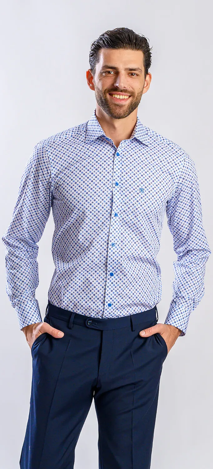 Alain Delon Slim Fit camicia bianca fantasia blu