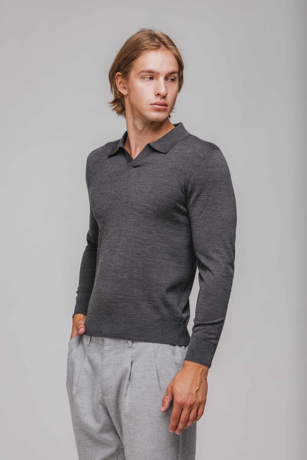 Alain Delon Pullover Lana Grigio Scollo V leggero