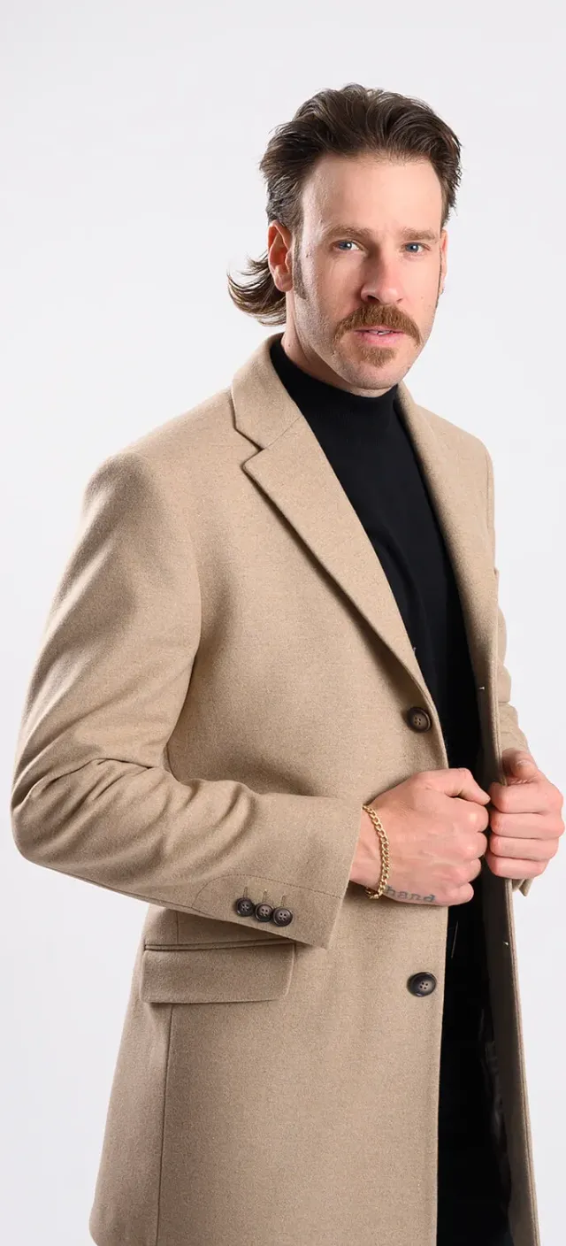 Alain Delon cappotto beige lana slim fit tasche pattina