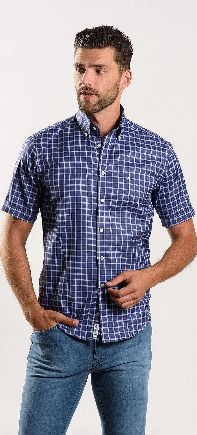 Alain Delon Extra Slim Fit camicia azzurra quadri corta