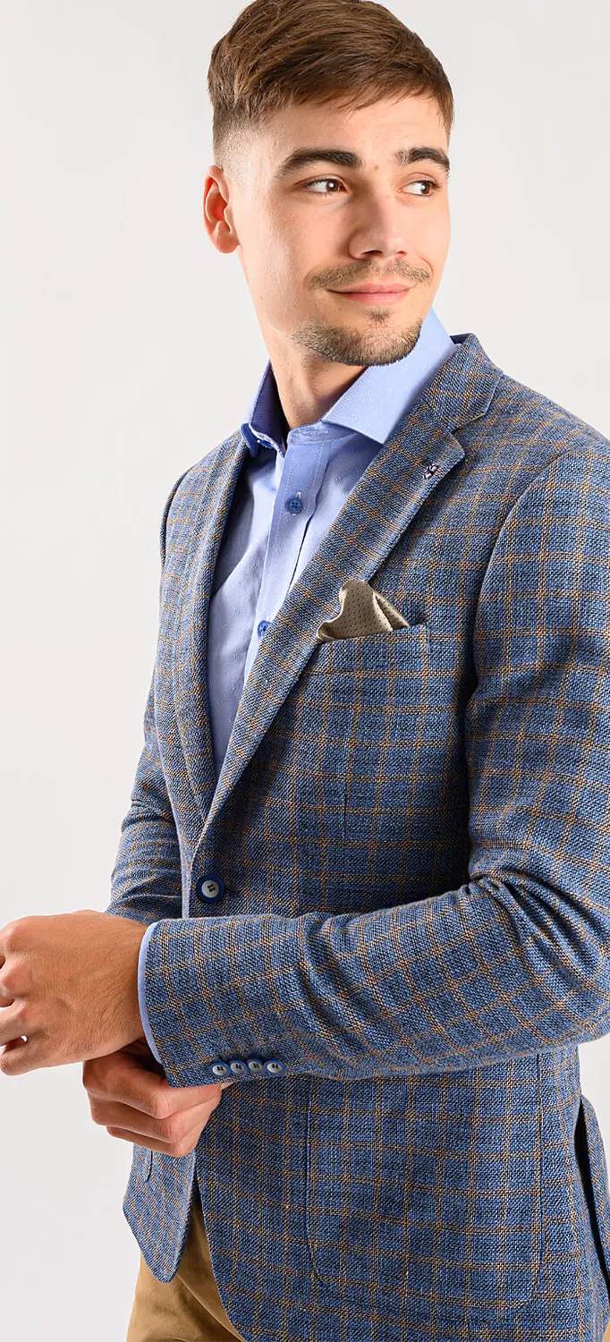 Alain Delon giacca blu lino quadri marroni slim fit