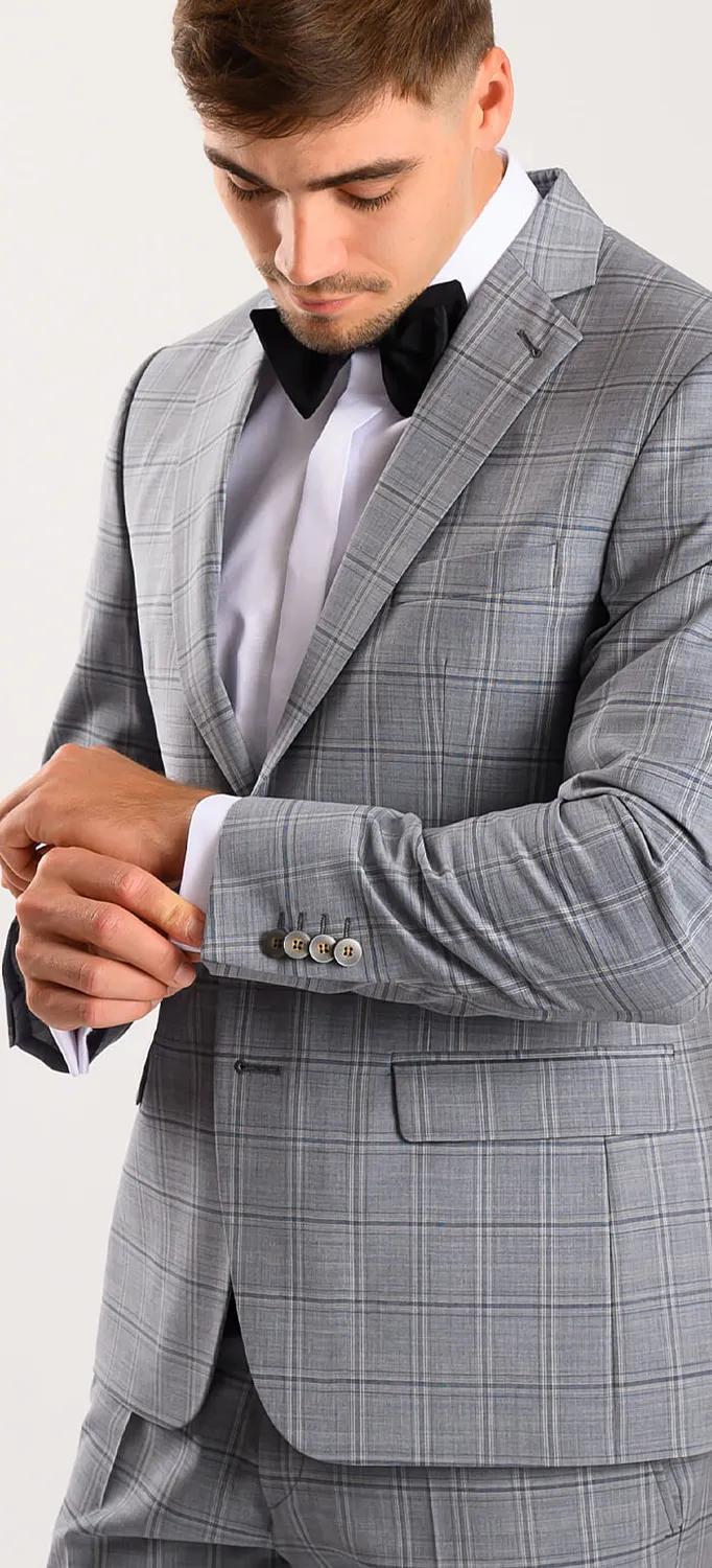 Alain Delon Abito Grigio a Quadri Lana Slim Fit