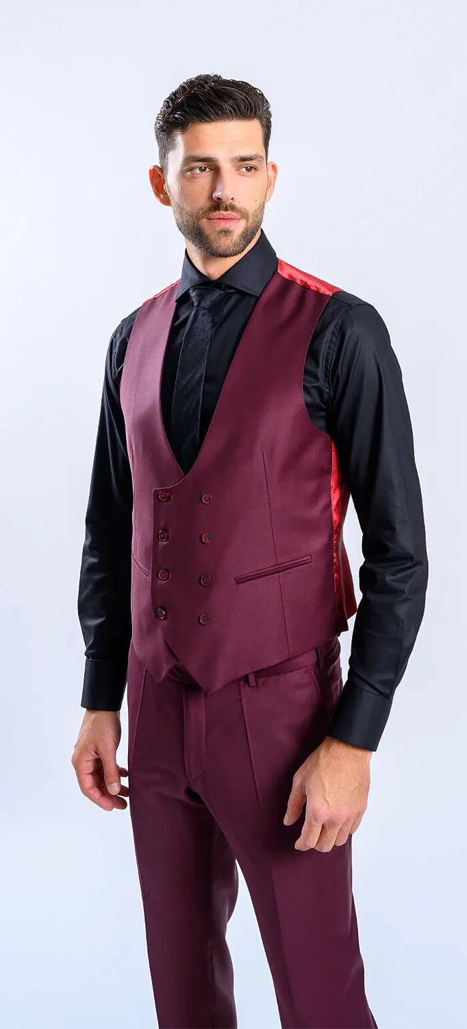 Alain Delon Abito Slim Fit Bordeaux con Gilet Doppiopetto