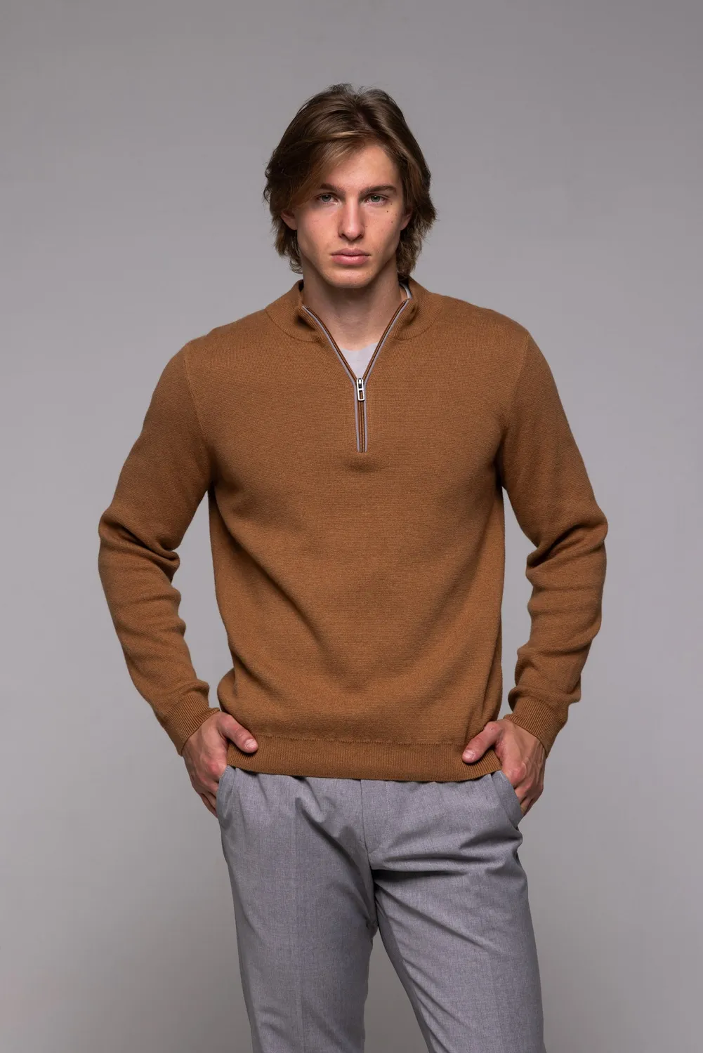 Alain Delon maglione marrone zip mezza zip uomo