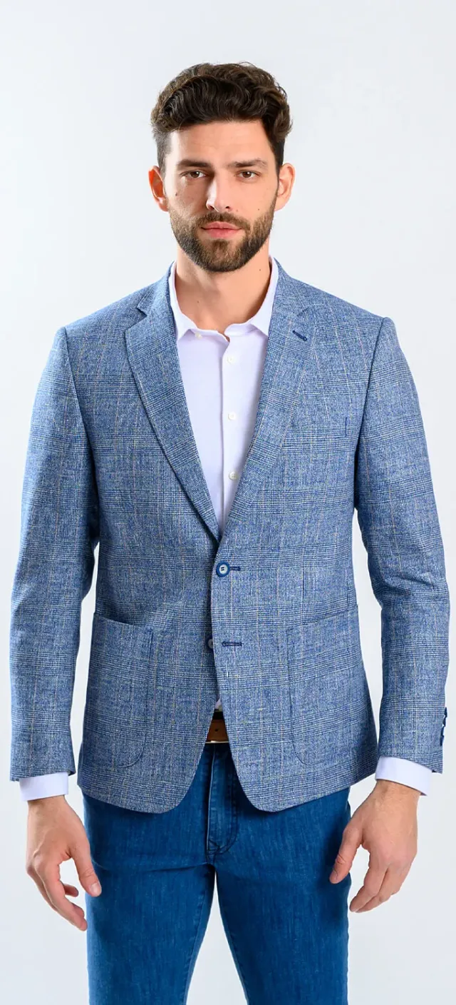 Alain Delon Blazer Azzurro Quadri Lino Lana Slim