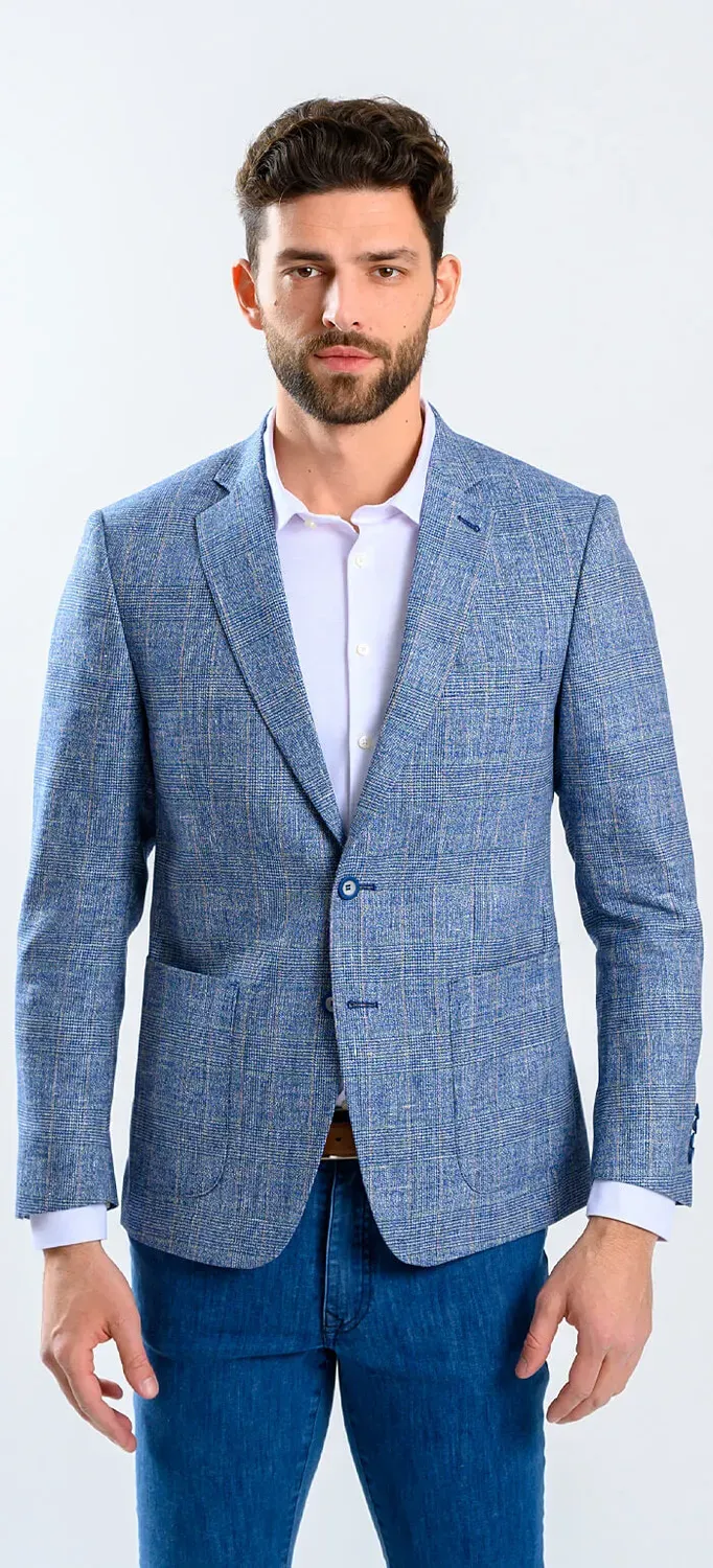 Alain Delon Blazer Azzurro Quadri Lino Lana Slim