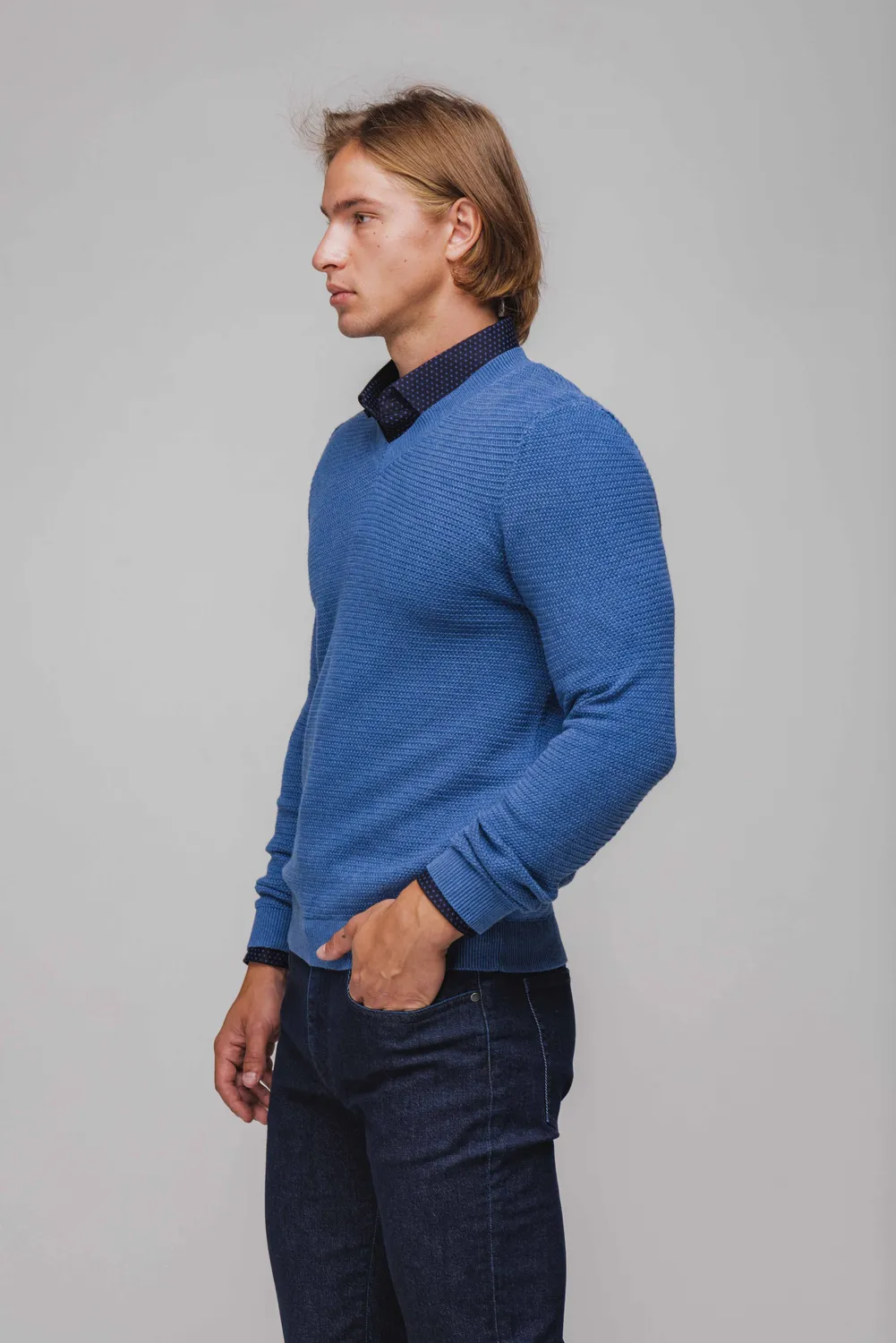 Alain Delon pullover blu scollo V cotone maglieria