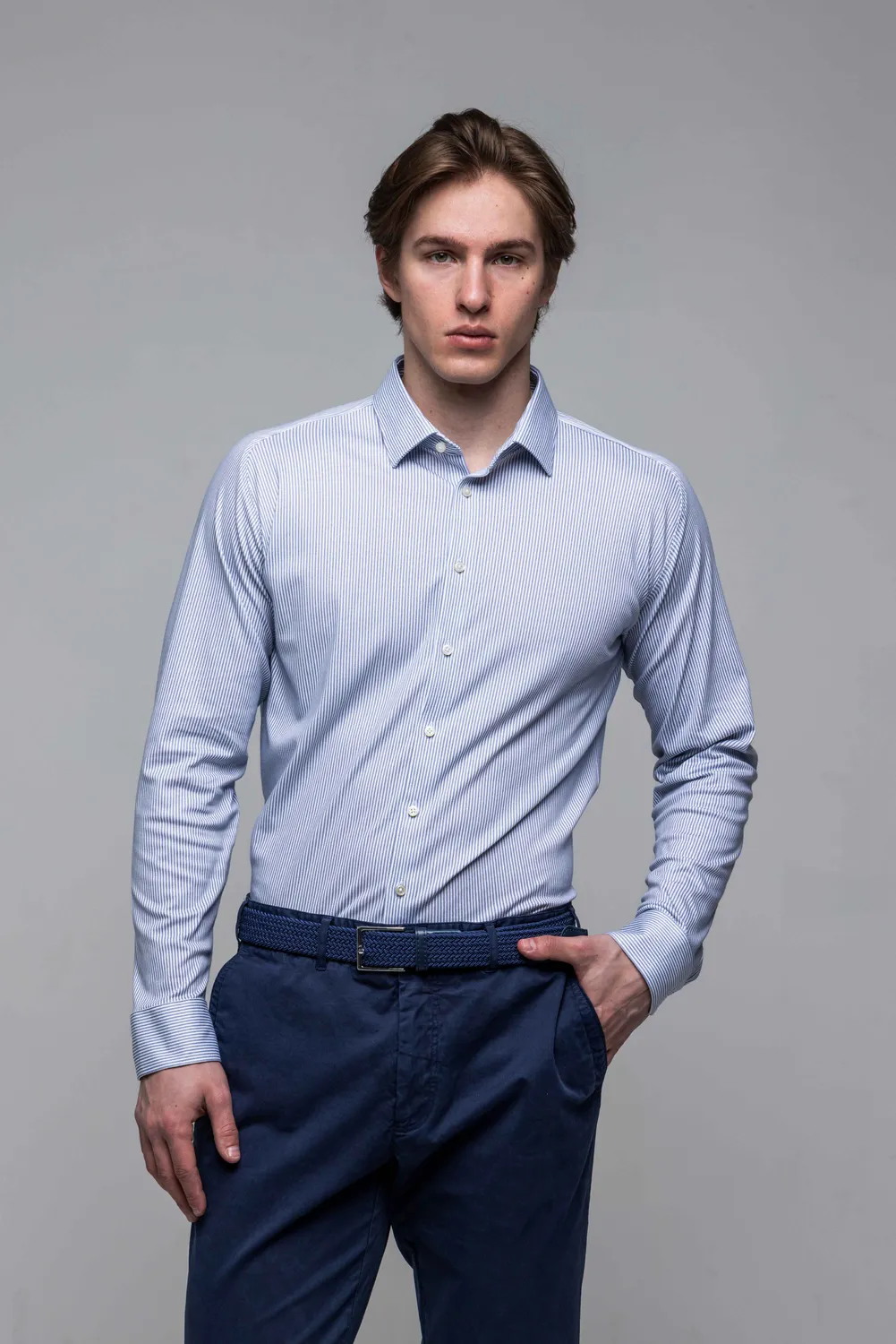 Alain Delon Camicia Bianca Righe Blu Extra Slim Fit Stretch