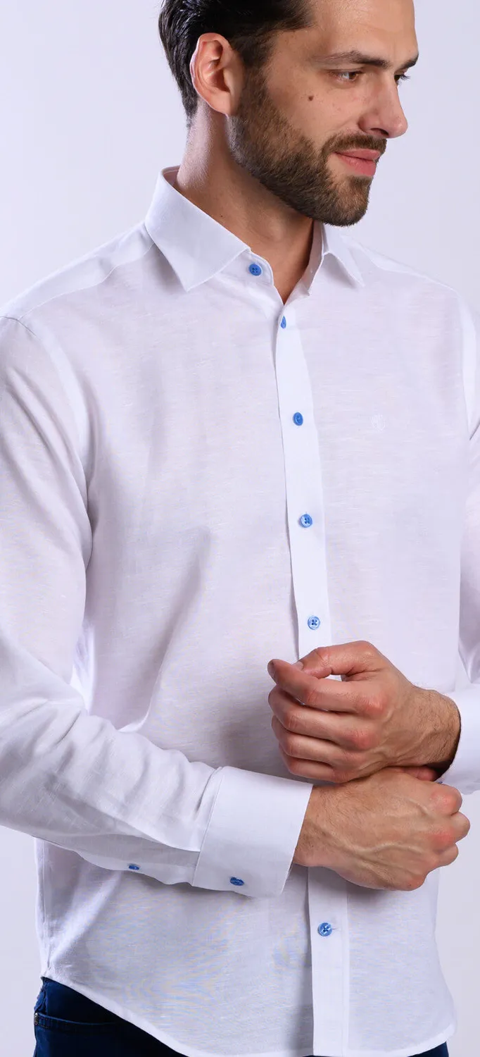 Alain Delon camicia bianca lino bottoni blu extra slim