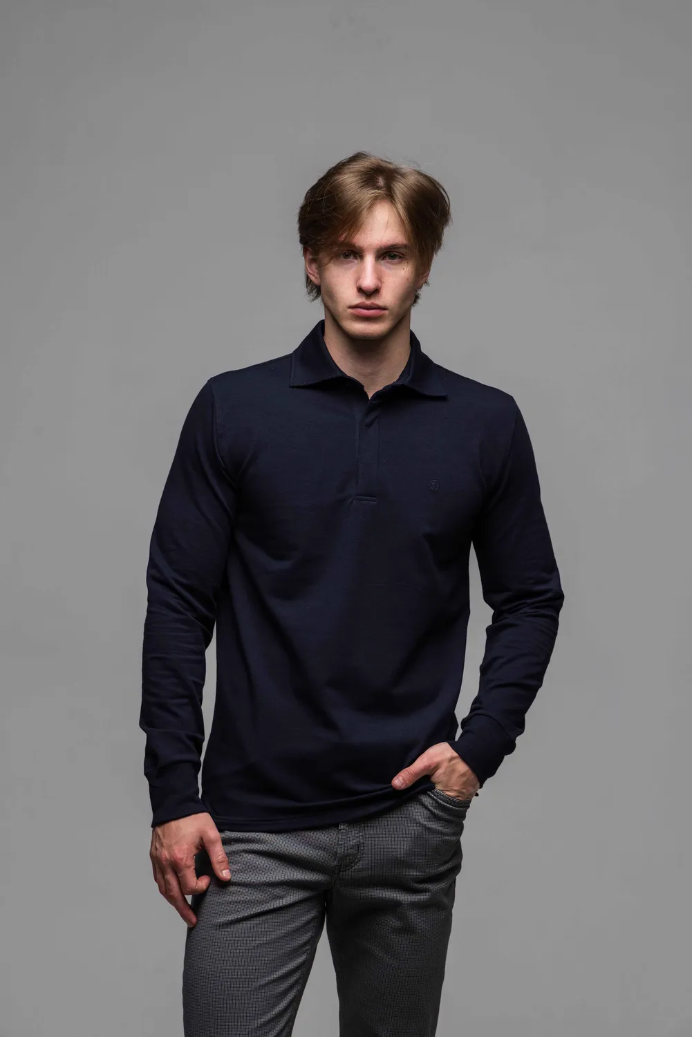 Alain Delon polo blu manica lunga maglia cotone slim fit