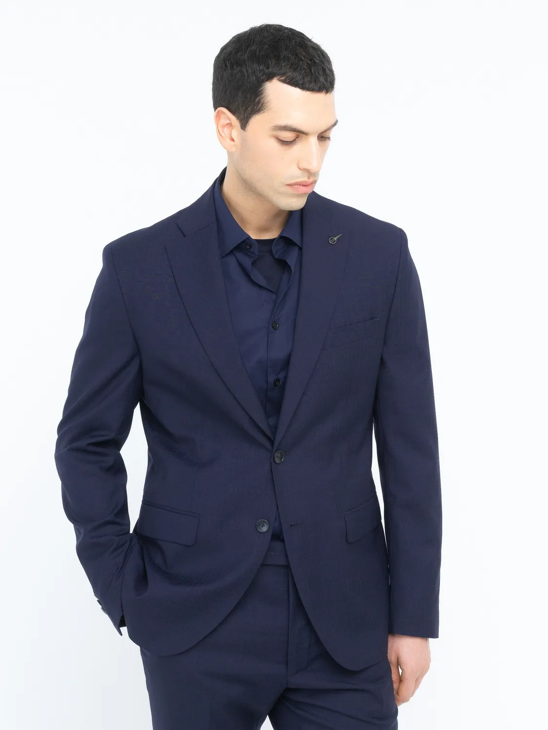 Paoloni Abito Micro Check Lana Super 110's Blu Slim
