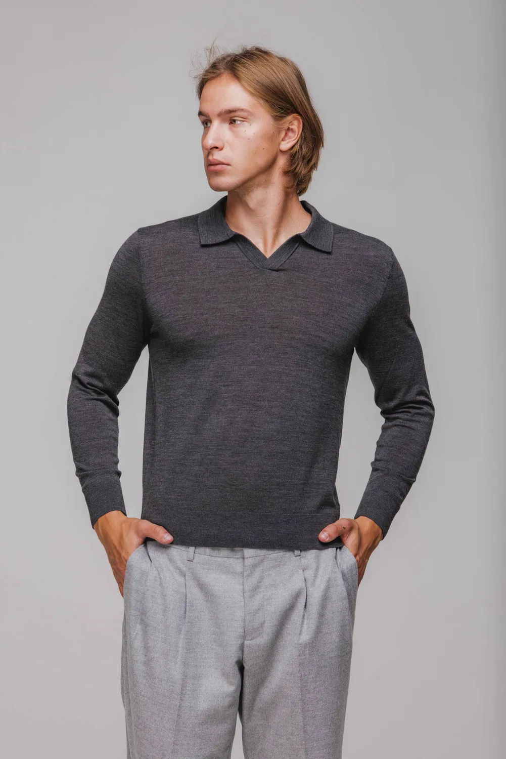 Alain Delon Pullover Lana Grigio Scollo V leggero