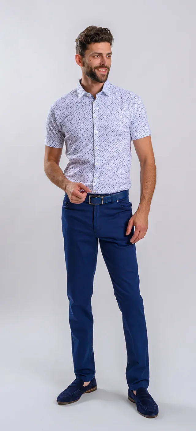 Alain Delon camicia bianca floreale manica corta stretch
