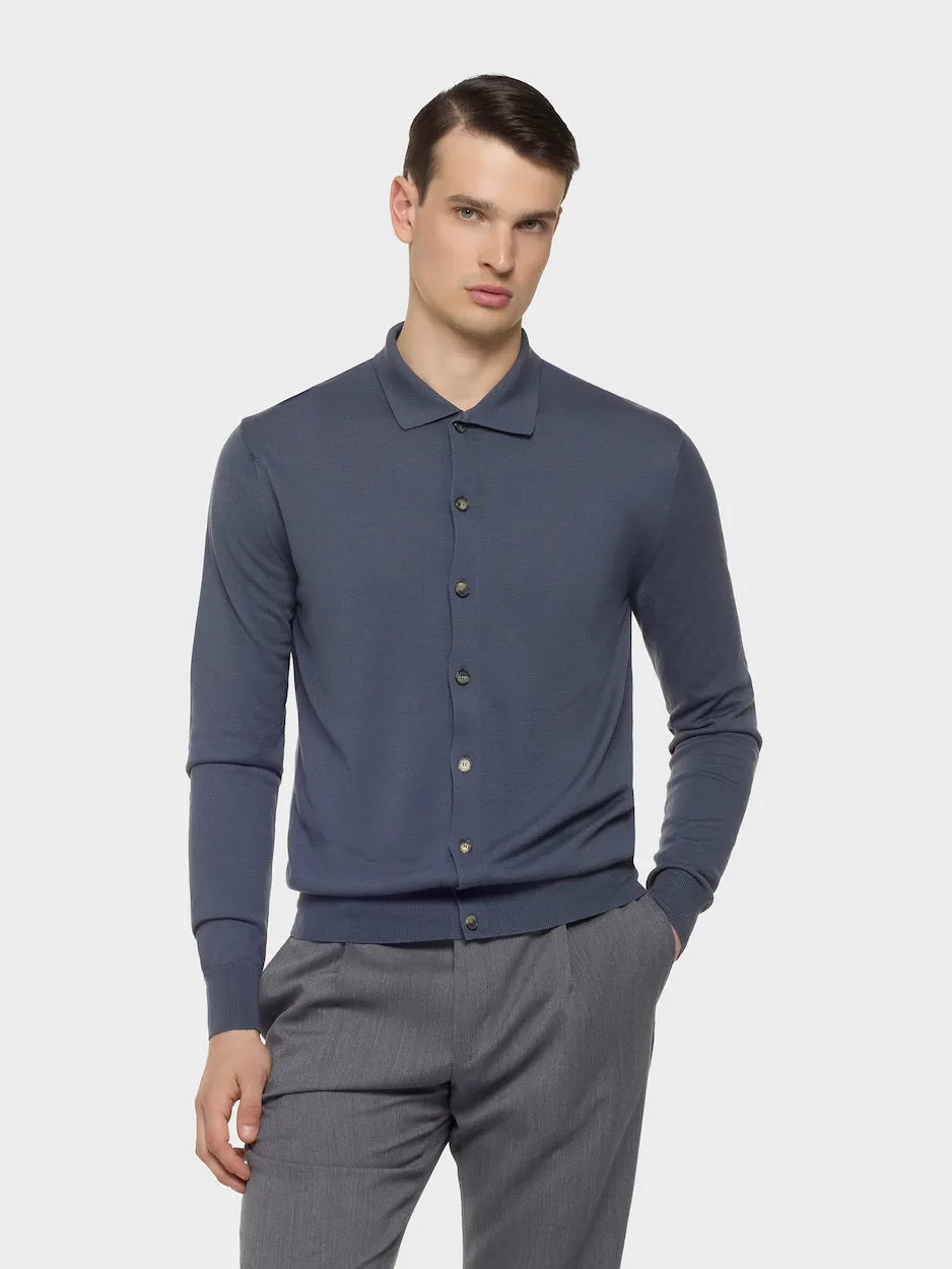 Caruso Butterfly polo cardigan blu seta cotone manica lunga