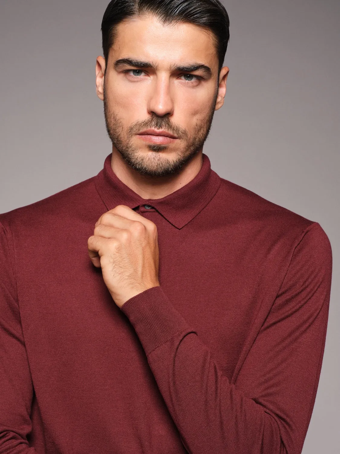 Caruso Polo maniche lunghe seta cotone bordeaux