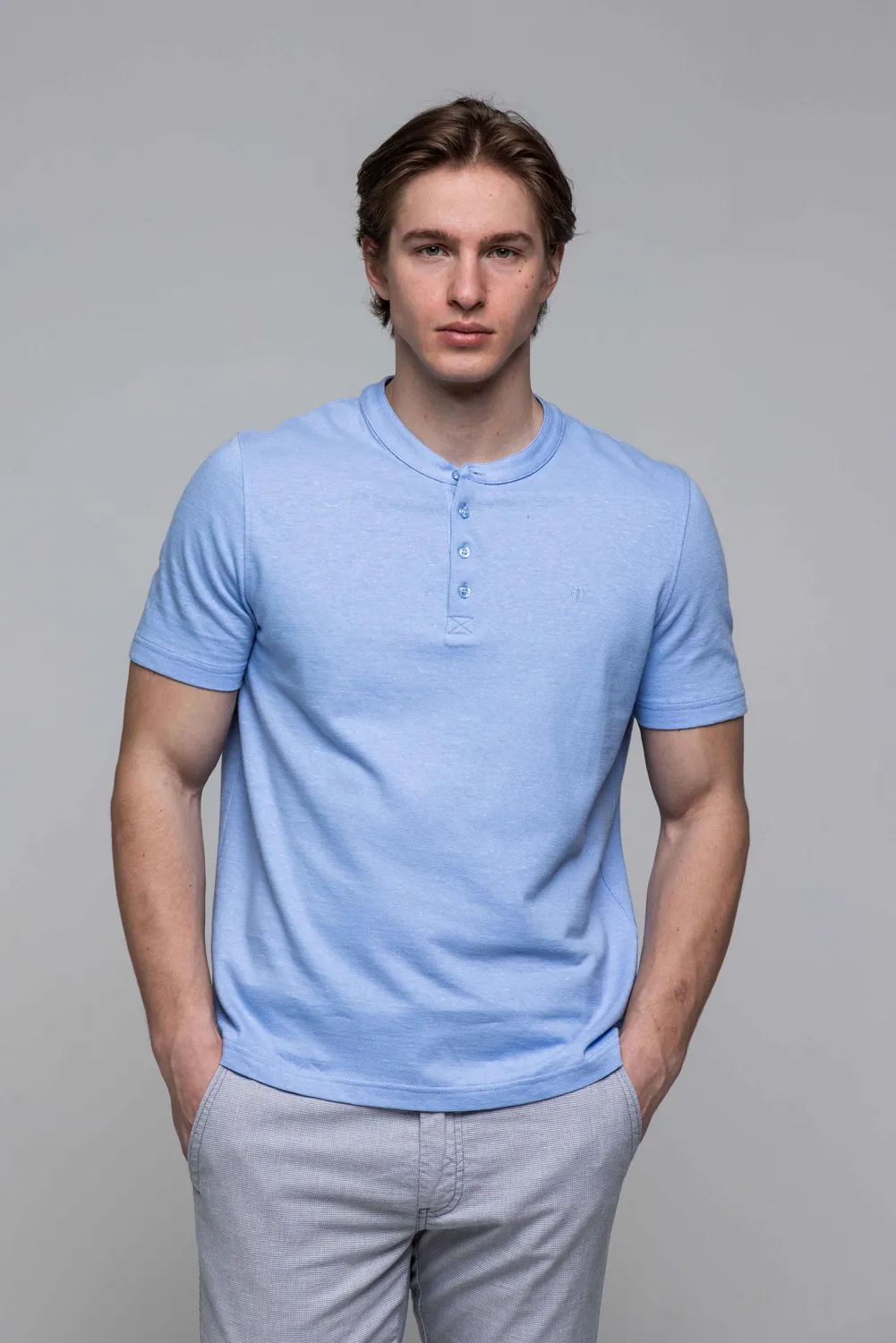 Alain Delon T-shirt cotone lino blu con bottoni