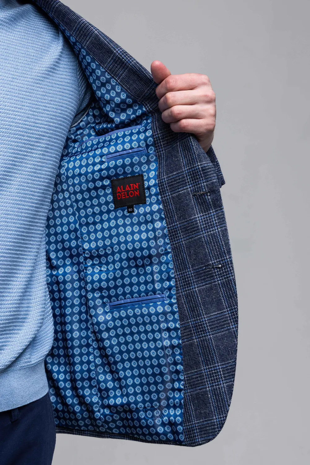 Alain Delon giacca lino blu a quadri slim fit leggera