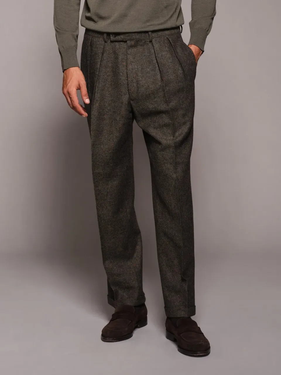 Caruso Norma pantalone vita alta verde lana melange
