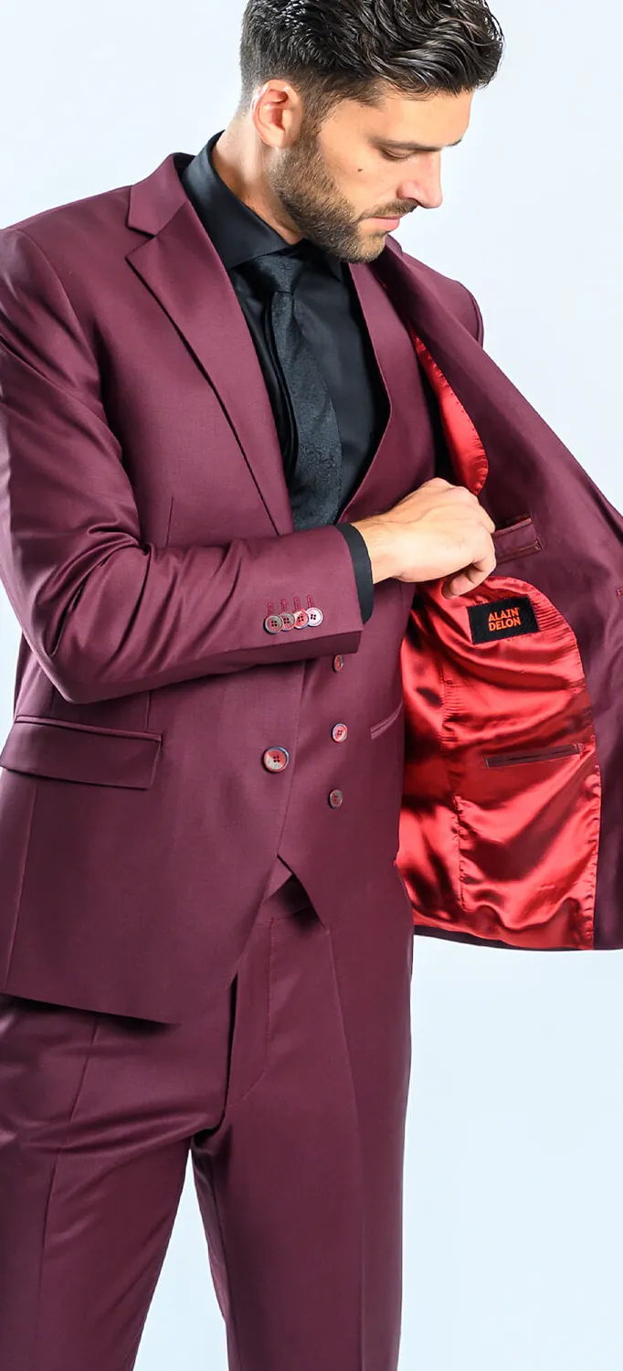 Alain Delon Abito Slim Fit Bordeaux con Gilet Doppiopetto