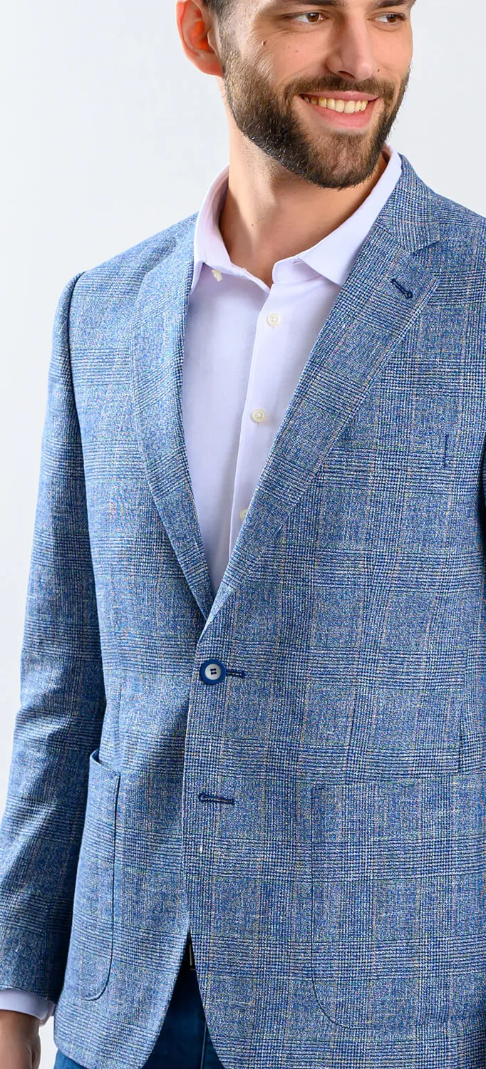 Alain Delon Blazer Azzurro Quadri Lino Lana Slim