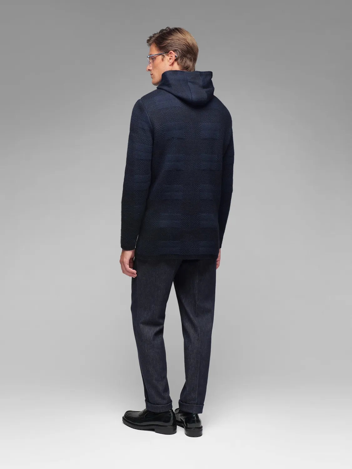 Paoloni Cappotto in maglia check misto lana blu