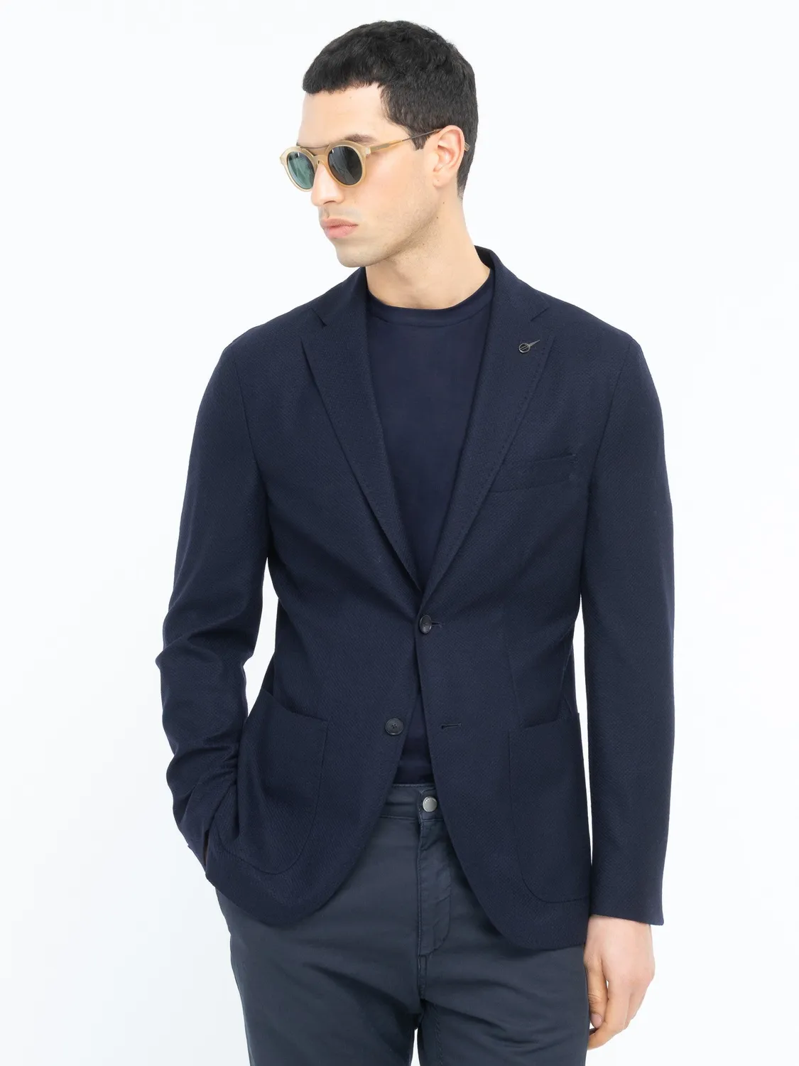 Paoloni Giacca Jersey Nido d'Ape Pura Lana Blu Sfoderata