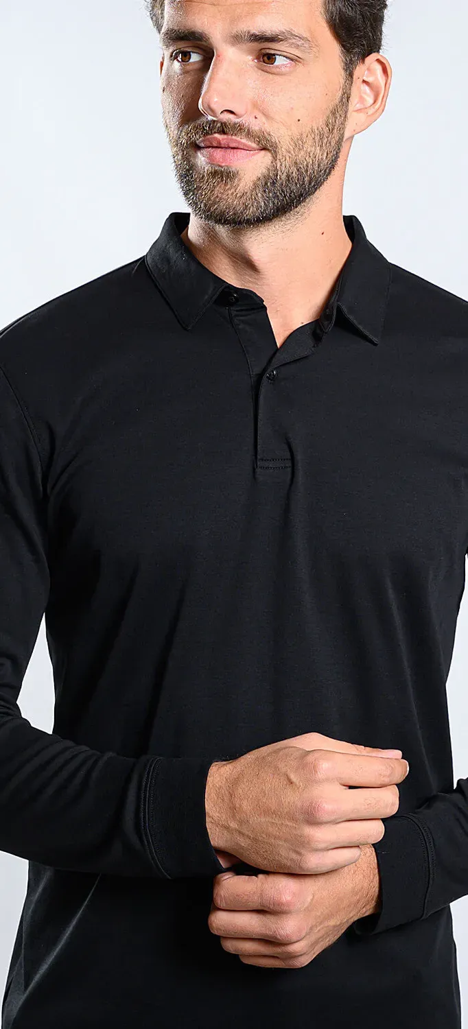 Alain Delon polo manica lunga nera slim fit cotone stretch