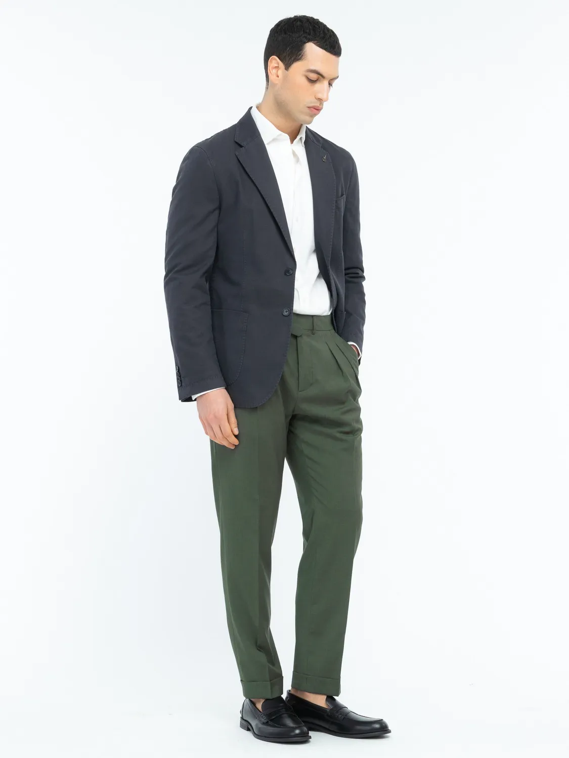 Paoloni pantalone doppia pinces lana stretch verde