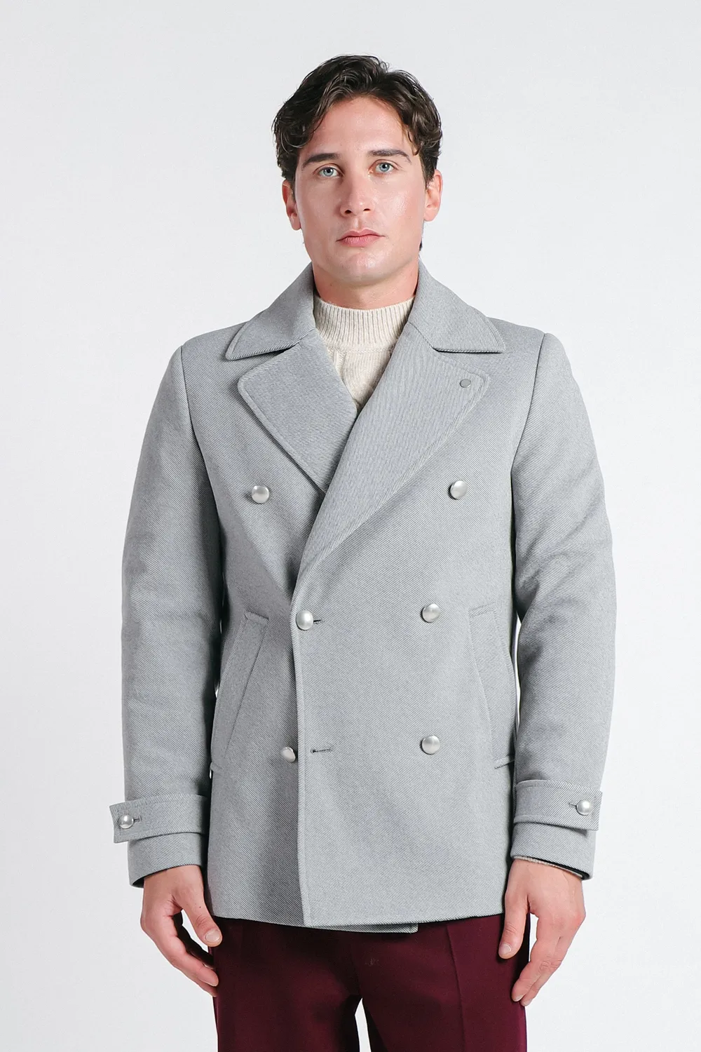 Sonny Bono Doppio Petto Cappotto Grigio Chiaro Bottoni Argento