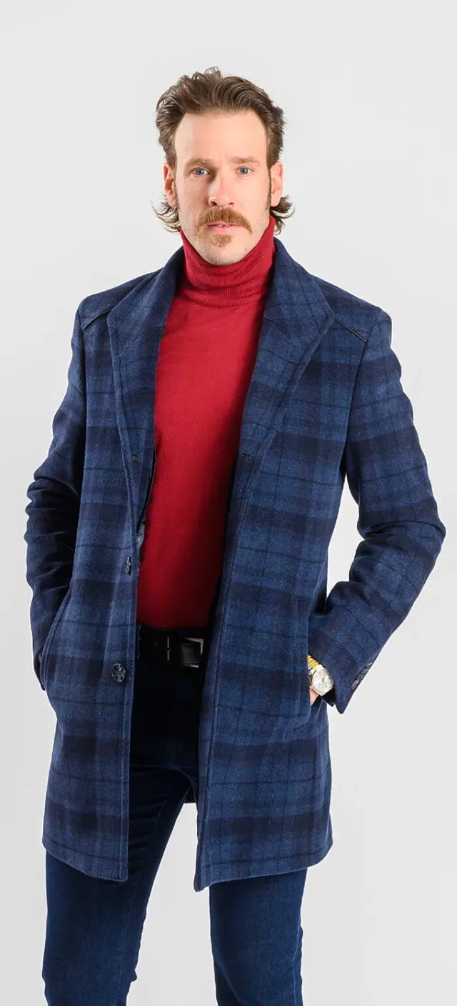 Alain Delon cappotto lana blu quadri fodera removibile