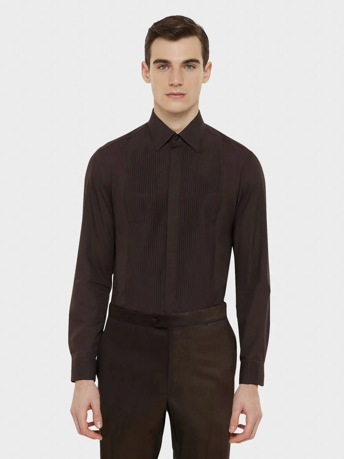 Caruso camicia cerimonia cotone marrone plastron slim