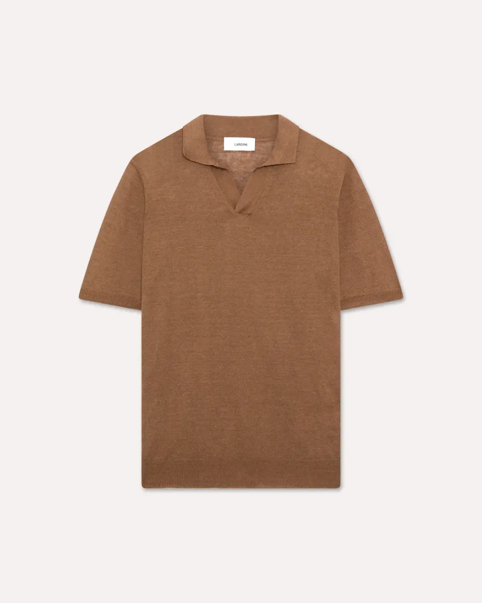 Lardini Polo in Maglia Marrone Lino e Cotone