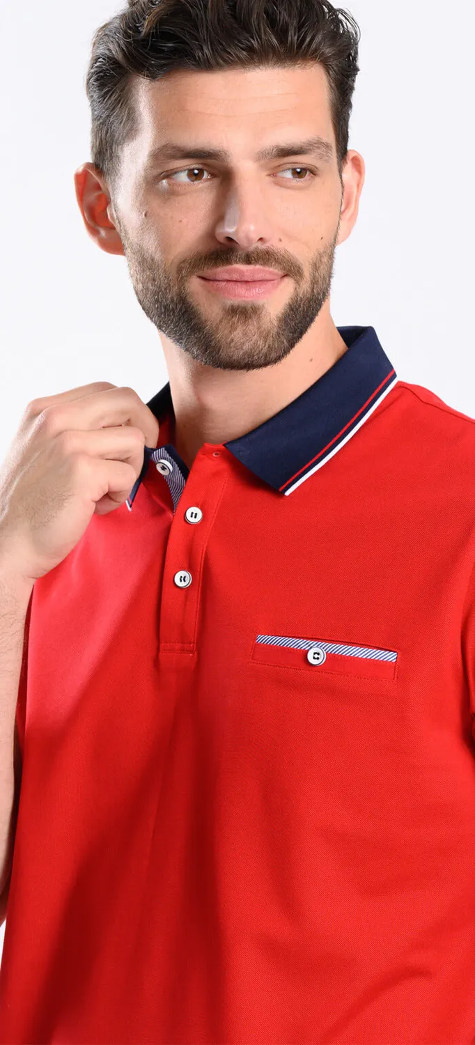 Alain Delon polo rossa colletto blu taschino slim