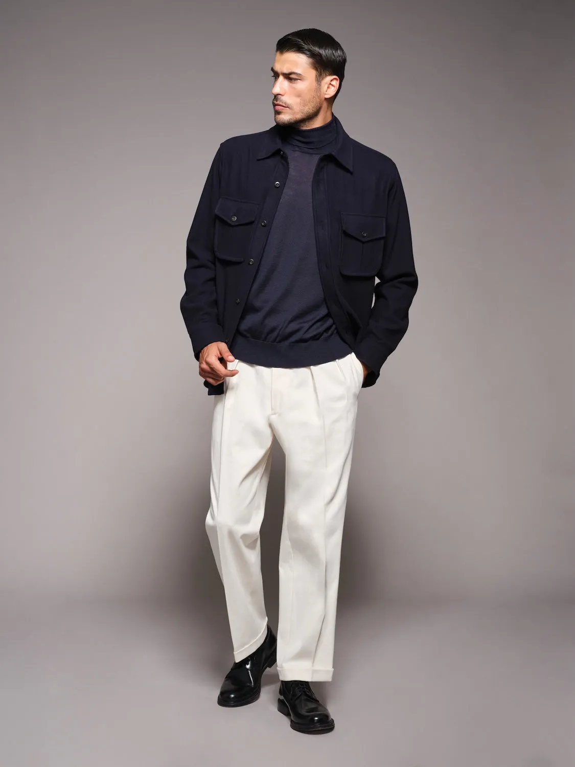 Caruso Norma Pantalone vita alta gabardina bianco cotone