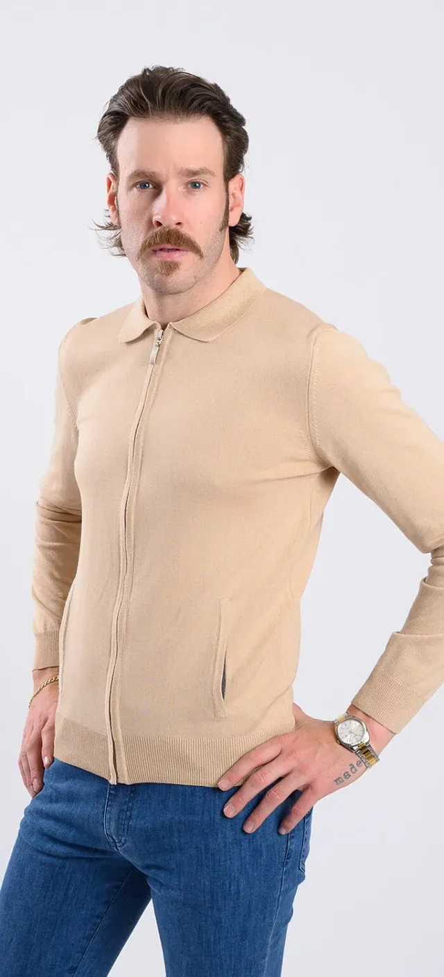 Alain Delon Maglione Beige con Zip Slim Fit Cotone