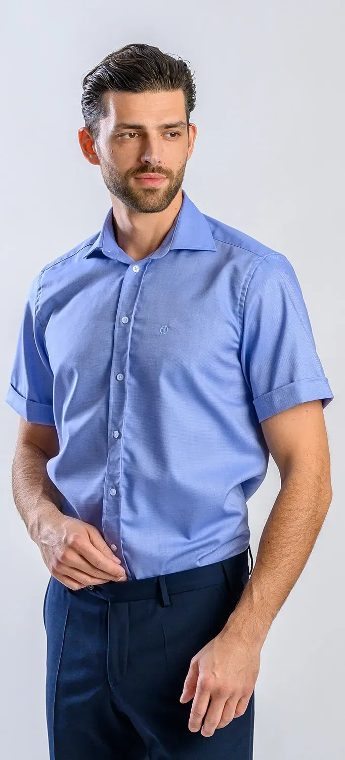 Alain Delon camicia slim manica corta blu fantasia cotone