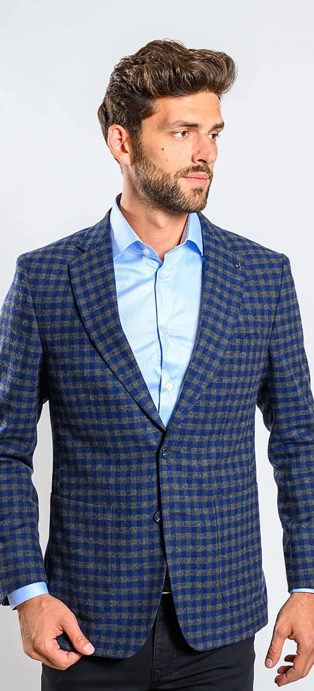 Alain Delon Giacca Verde-Blu a Quadri Lana Slim