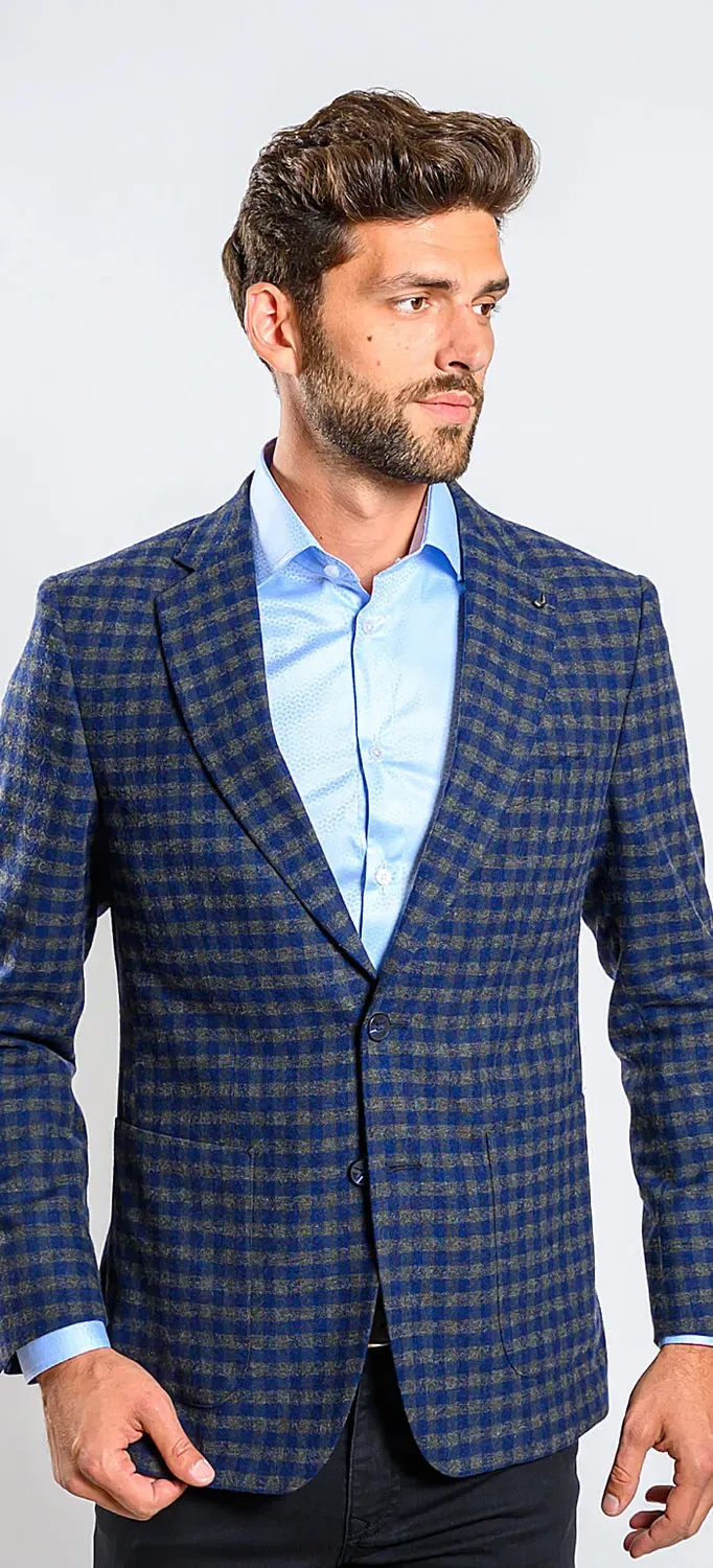 Alain Delon Giacca Verde-Blu a Quadri Lana Slim