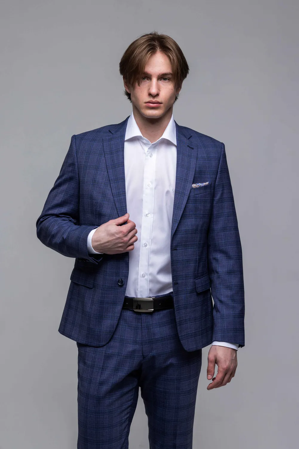 Alain Delon abito slim fit a quadri grigio blu stretch
